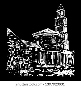 Isolated vector illustration. View of a Roman Diocletian's palace at Split in Croatia (Yugoslavia). Hand drawn linear ink sketch. White silhouette on black background.
