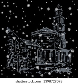 Isolated vector illustration. View of a Roman Diocletian's palace at Split in Croatia (Yugoslavia) under snowflakes. Hand drawn linear sketch.