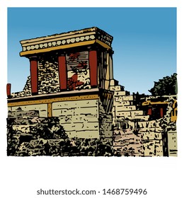 Isolated vector illustration. View of ruined Minoan palace of king Minos in Knossos, Crete. Hand drawn colorful sketch.