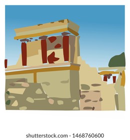 Isolated vector illustration. View of ruined Minoan palace of king Minos in Knossos, Crete. Stylized colorful sketch.