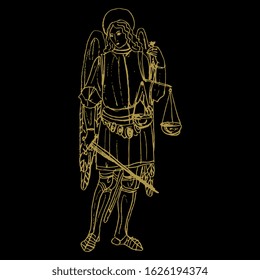 Isolated vector illustration. Vintage angel knight with sword and wages. Archangel Michael in medieval armor. Hand drawn linear doodle sketch. Gold silhouette on black background.