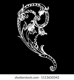 Isolated vector illustration. Vintage baroque ornate scroll with floral motifs. Hand drawn linear sketch. White silhouette on black background.