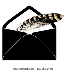 Isolated vector illustration. Vintage envelope with brown bird's feather inside.