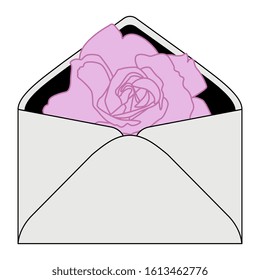 Isolated vector illustration. Vintage envelope with rose inside. Romantic greeting.