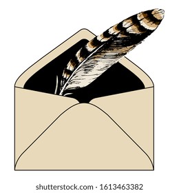 
Isolated vector illustration. Vintage envelope with brown bird's feather inside.