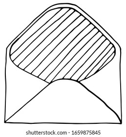Isolated vector illustration. Vintage envelope. Hand drawn linear doodle sketch. Black silhouette on white background.