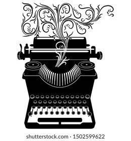 Isolated vector illustration. Vintage mechanical typewriter with beautiful swirls emerging from it. Black and white silhouette. 