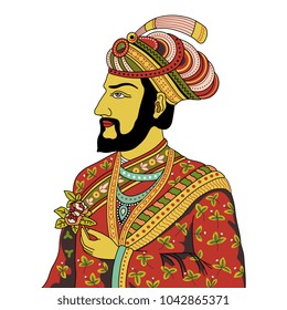 Isolated vector illustration. Vintage portrait of medieval Indian Mogul prince holding a rose. 