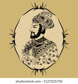 Isolated vector illustration. Vintage portrait of a medieval Indian Mogul prince holding a rose in oval frame.