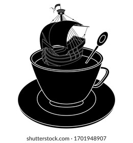 Isolated vector illustration. Vintage sail ship floating in tea cup. Black and white silhouette. Creative funny concept.