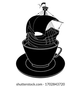Isolated vector illustration. Vintage sail ship floating in tea cup. Black and white silhouette. Creative funny concept.