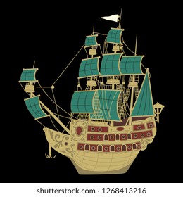 Isolated vector illustration. Vintage sailing European ship with green sails. Flat cartoon style. On black background.