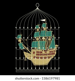 Isolated vector illustration. Vintage sailing ship inside bird's cage. Creative concept.