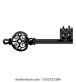 Isolated vector illustration. Vintage skeleton key with medieval castle as its bit. Black and white silhouette.