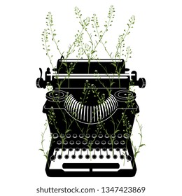 
Isolated vector illustration. Vintage typewriter with sprouting through it shepherd purse wild flowers.