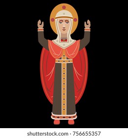 Isolated vector illustration of the Virgin Mary in folk Russian style. Based on ancient Novgorod wooden sculpture. Flat cartoon style.