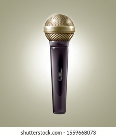 Isolated vector illustration of vocal microphone. Stylish realistic black glance microphone with bright gold 
grille on the neutral background. Editable EPS vector