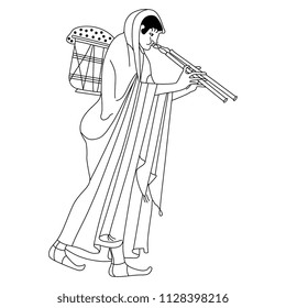 Isolated vector illustration. Walking ancient Greek woman in long dress carrying a heavy basket and playing the double flute. Based on vase painting motif. Black and white linear silhouette.