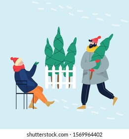 Isolated vector illustration of warmly dressed man with Christmas tree at fair. People wearing warm winter clothes, Christmas celebration.