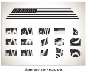 Isolated vector illustration, which consists of waved in the wind, lying on the perspective and distorted USA flags. Set of 16 vector symbols for the Independence Day in America for print and web