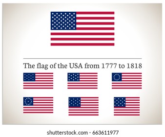 Isolated vector illustration, which consists of the US flag used now and the flags of the USA from 1777 to 1818. Set of 7 vector symbols for the Independence Day in America for print and web svg