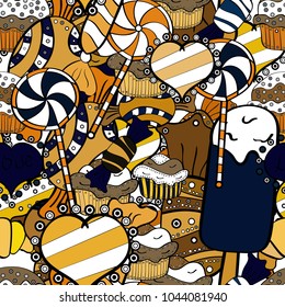 Isolated. Vector illustration. White, black and yellow version. Cute and colorful candy sweet seamless pattern on white, black and yellow background.