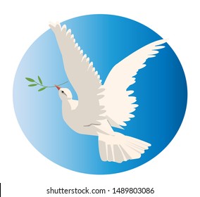 isolated vector illustration of white dove holy spirit holding olive peace branch on blue round sky background. For christian church and bible design, greeting cards, logos