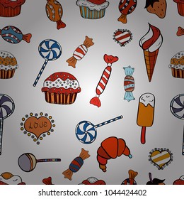 Isolated. Vector illustration. White, orange and black version. Cute and colorful candy sweet seamless pattern on white, orange and black background.