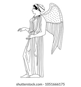 Isolated vector illustration of a winged ancient Greek goddess. Black and white linear silhouette.