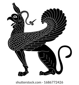 Isolated vector illustration. Winged antique griffin. Fantastic ancient Greek animal. Black and white linear silhouette.