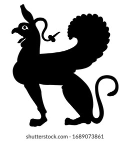 Isolated vector illustration. Winged antique griffin. Fantastic ancient Greek animal. Black and white silhouette.
