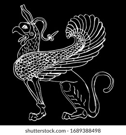 Isolated vector illustration. Winged antique griffin. Fantastic ancient Greek animal. Hand drawn linear doodle sketch. White silhouette on black background.