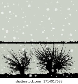 Ilustración vectorial aislada. Paisaje invernal. Dos árboles desnudos bajo copos de nieve. Horizonte. Silueta monocroma.