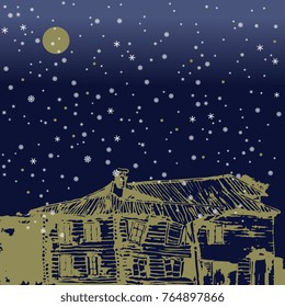 Isolated vector illustration. Winter night town landscape and snowflakes.