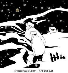 Isolated vector illustration. Winter walk. A couple walking in night under snow. Based on hand drawn original style art.