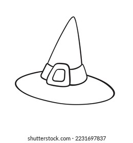 Isolated vector illustration of witch hat. Cute thin line icon for design, cover etc.