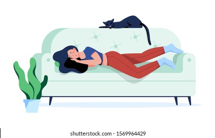 Isolated vector illustration of woman sleeping on sofa with her cat. Cat owner life concept.