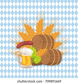 Isolated vector illustration of wooden casks, beer mug, fried sausage, green hop and wheat ear on checkered background, Oktoberfest or Octoberfest