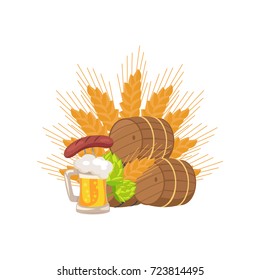 Isolated vector illustration of wooden casks, beer mug, fried sausage, green hop and wheat ear on white background, Oktoberfest or Octoberfest