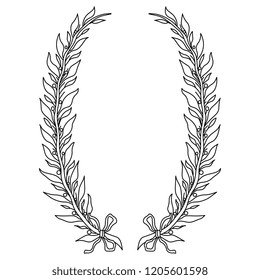 Isolated vector illustration. Wreath of two laurel or bay branches. Vintage style. Black and white linear silhouette.