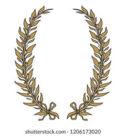 Isolated vector illustration. Wreath of two laurel or bay branches. Vintage style. Black and white linear silhouette.