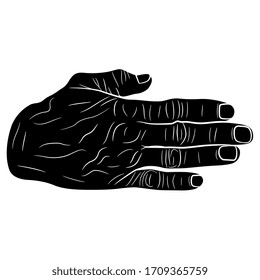 Ilustración vectorial aislada. Mano humana arrugada de una persona mayor. Señal de dirección. Silueta en blanco y negro.