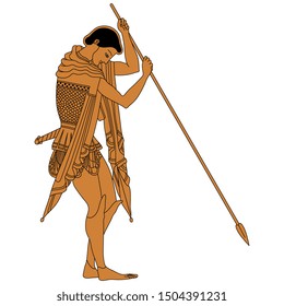 Isolated vector illustration. Young ancient Greek warrior with a spear. Vase painting style.