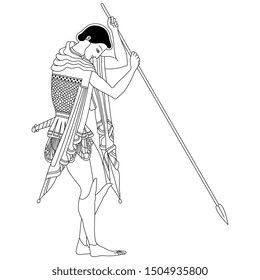 Isolated vector illustration. Young ancient Greek warrior with a spear. Vase painting style. Black and white linear silhouette.