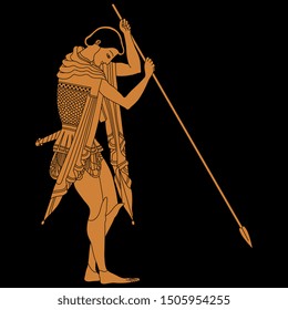 Isolated vector illustration. Young ancient Greek warrior with a spear. Vase painting style. On black background.