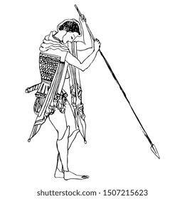 Isolated vector illustration. Young ancient Greek warrior with a spear. Vase painting style. Black and white linear silhouette. Hand drawn sketch.