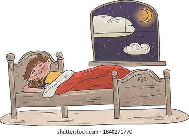 ilustración vectorial aislada del niño que duerme en la cama con oso de peluche