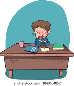 isolated vector illustration of young kid crying doing homework