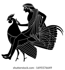 Isolated vector illustration. Young man riding a rooster. Ancient Greek vase painting decor. Fantastic funny animal motif. Black and white linear silhouette.