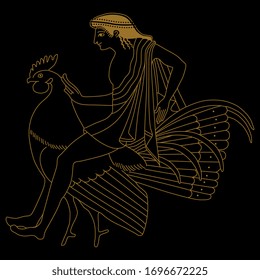 Isolated vector illustration. Young man riding a rooster. Ancient Greek vase painting decor. Fantastic funny animal motif. Monochrome linear silhouette.